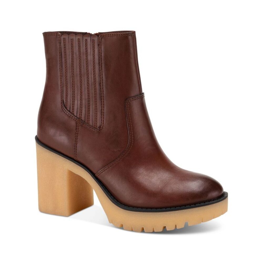 SUN STONE Womens Brown 1" Platform Lennii Round Toe Block Heel Booties 9 M